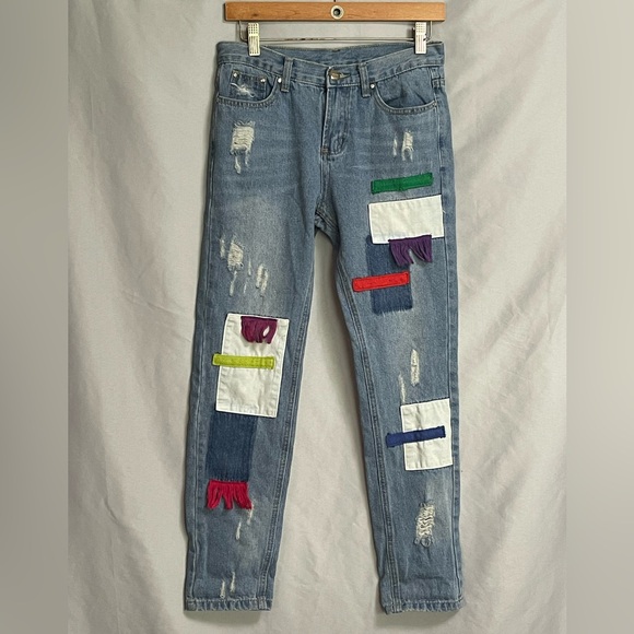 Upcycled Denim Jeans Boho Fabric Fringe Embellishments Distressed Sz M EUC - Picture 2 of 9